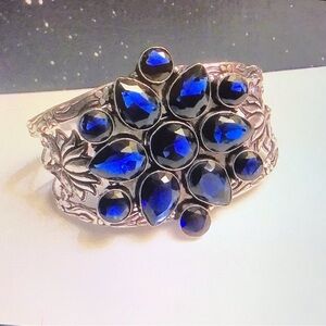 Blue Sapphire Stamped 925 Sterling Silver Cuff Bracelet